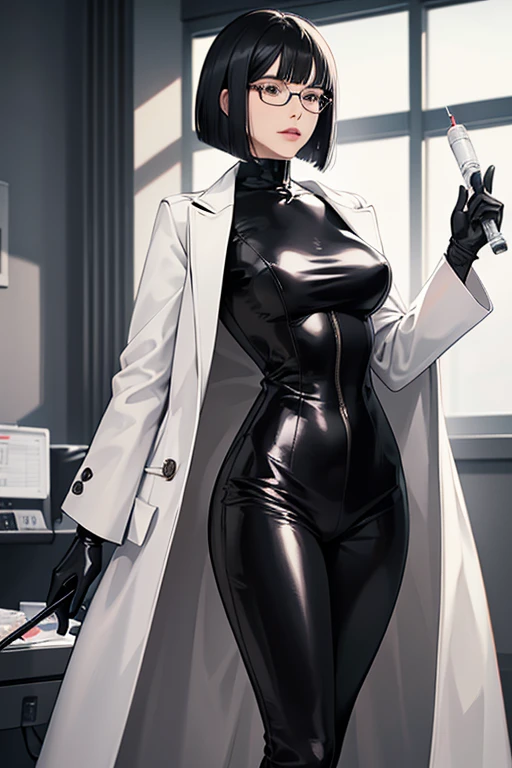 A mature woman with black hair, a bob cut, glasses and a white coat wearing a black patent leather catsuit and black patent leather gloves in a hospital room, holding a syringe and looking down coldly