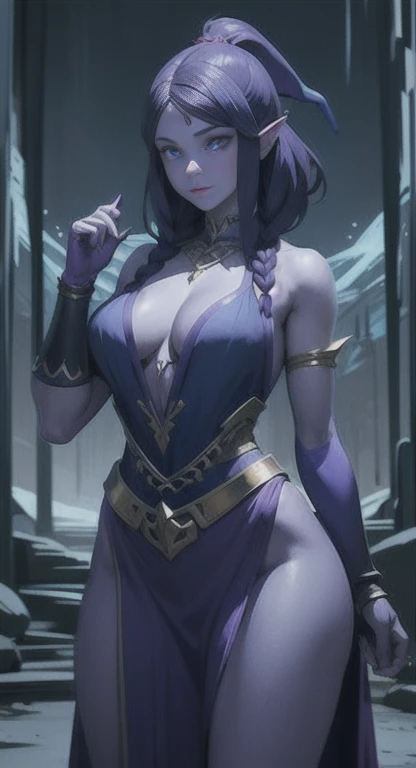 masterpiece, best quality, defined fitness, mystical , frozen witch, Princesses Zelda, armor, purple skin, Blue skin,