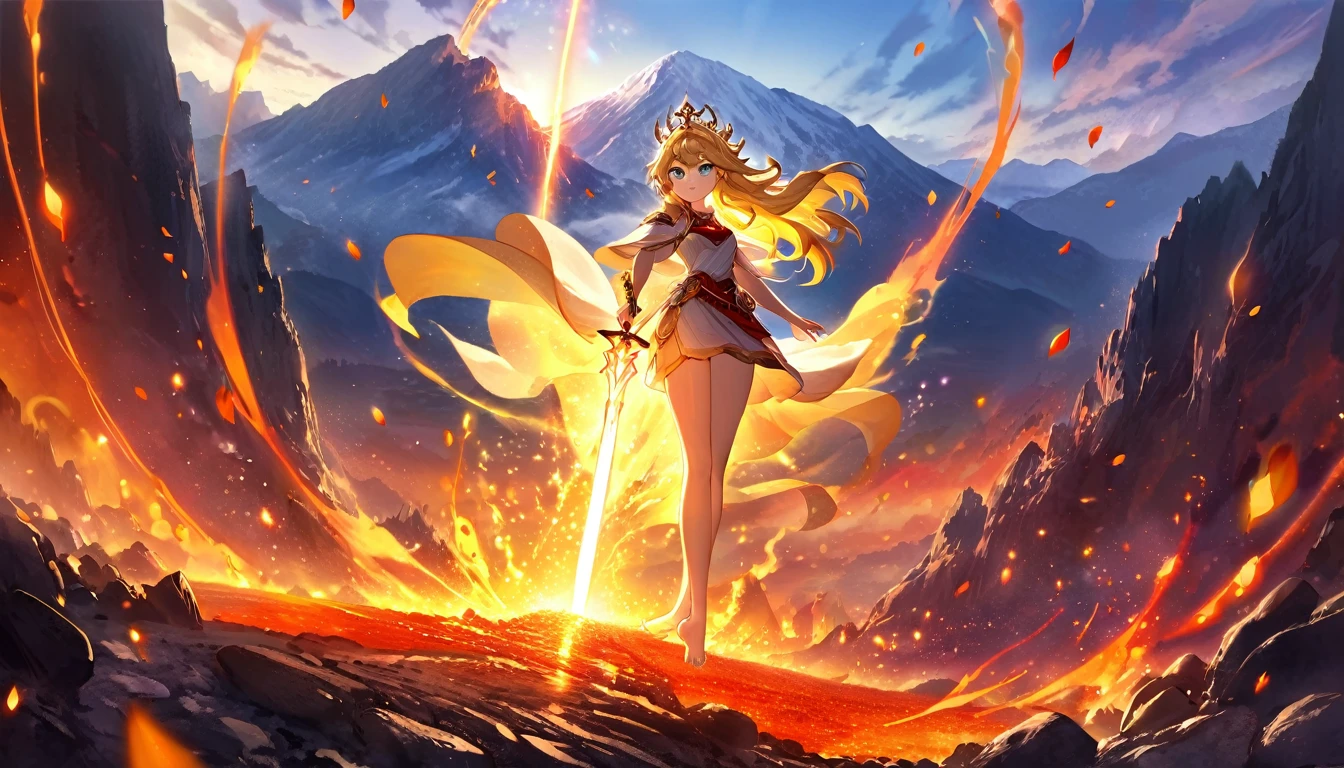 ,bathed in ethereal light. She stands tall and majestic, radiating power and beauty. Her hair flows like molten lava, cascading down her back in fiery waves. Her eyes, a mesmerizing combination of scarlet red and bright yellow, sparkle with an otherworldly brilliance. The intensity of her gaze captivates all who dare to look into them.

Surrounding this goddess-like figure is the mountain of light orb, a magnificent creation formed from shimmering crystals and infused with mystical energy. It emanates a gentle, ethereal glow that illuminates the surroundings, casting an enchanting ambiance on everything it touches.

The scene is awash with vibrant colors, with hues of red, orange, and yellow dominating the palette. The fiery tones evoke a sense of passion and intensity, further accentuating the power and fury of the mountain of light orb.

As the light dances across the landscape, it reveals intricate details and textures. The rocks beneath the goddess's feet are rugged and weathered, showcasing the passage of time and the strength of the earth. Delicate flowers bloom at her feet, their petals vibrant and full of life, providing a contrast to the raw, volcanic energy that surrounds them.

The goddess stands in a regal pose, her arms slightly raised, as if summoning the very essence of the mountain of light orb. She exudes an aura of strength and determination, her presence commanding attention and respect.

The lighting of the scene is crucial in highlighting the dramatic elements. Soft, warm light envelops the goddess, casting long, striking shadows that enhance her features. The mountain of light orb emits a radiant glow, illuminating the landscape with a magical, otherworldly aura.

This prompt is geared towards creating a high-quality, ultra-detailed, and realistic image. The goal is to capture the raw power and beauty of both the goddess and the mountain of light orb, while maintaining a sense of ethereal wonder. The focus on details, such as the intricate text