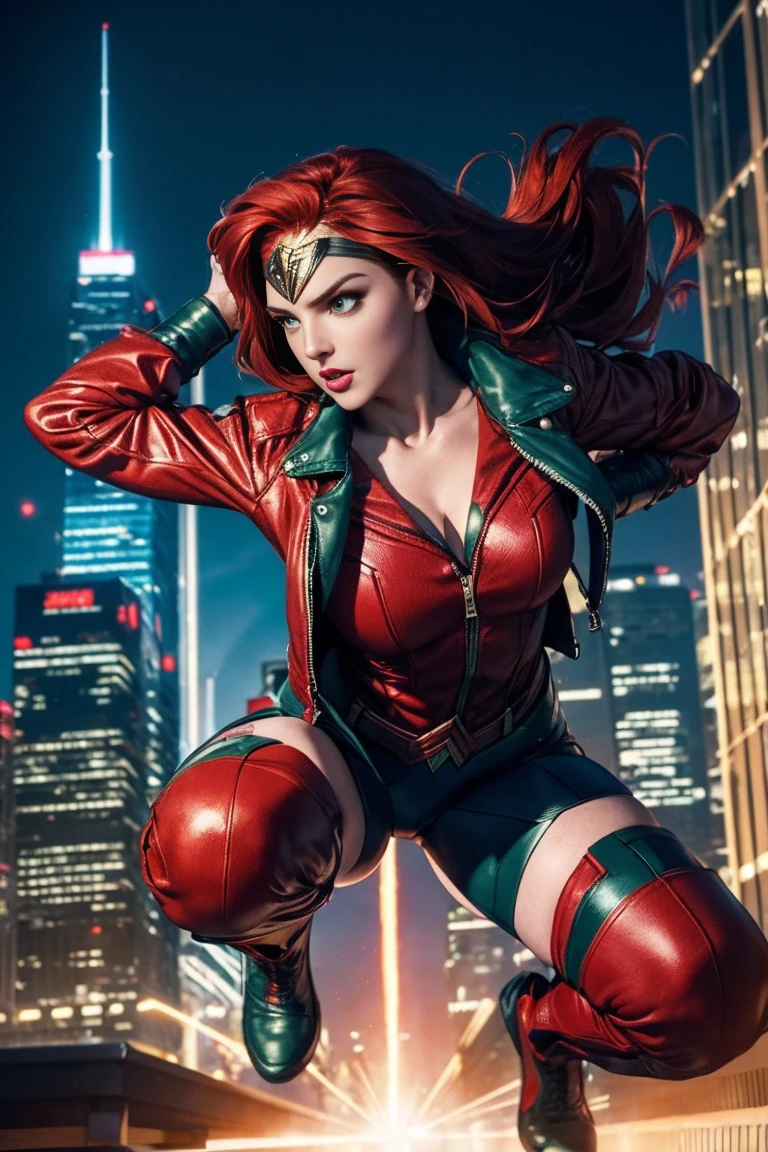 best quality,ultra-detailed,realistic) vibrant colors,comic book style,(studio lighting,sharp focus) female superhero in action,leaping into the air,powerful stance,with a golden lasso of truth,defending the innocent,brave and confident,(dazzling red lips,eyes full of determination),flying through a dynamic cityscape,with towering skyscrapers and bustling streets, futuristic technology,explosions and chaos,a symbol of strength and justice,inspiring hope and courage.  ((A Red hair , green eyes classic 70 outfit (biker jacket) Wonder Woman) () (