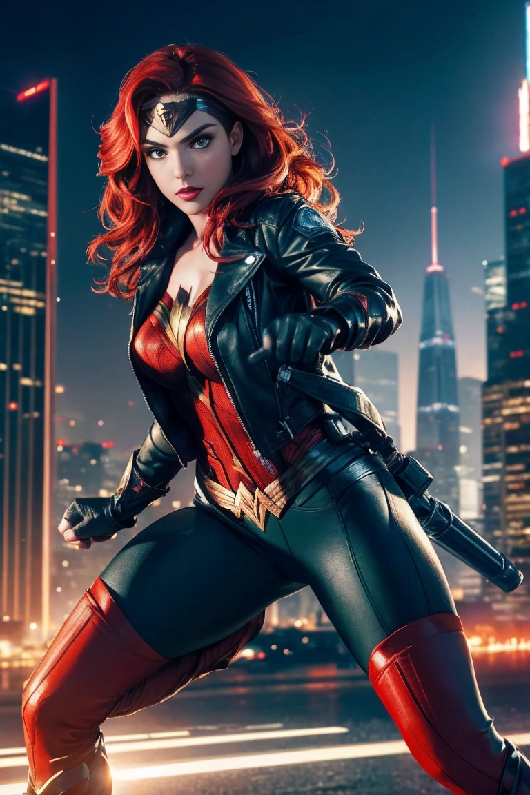 best quality,ultra-detailed,realistic) vibrant colors,comic book style,(studio lighting,sharp focus) female superhero in action,leaping into the air,powerful stance,with a golden lasso of truth,defending the innocent,brave and confident,(dazzling red lips,eyes full of determination),flying through a dynamic cityscape,with towering skyscrapers and bustling streets, futuristic technology,explosions and chaos,a symbol of strength and justice,inspiring hope and courage.  ((A Red hair , green eyes classic 70 outfit (biker jacket) Wonder Woman) () (