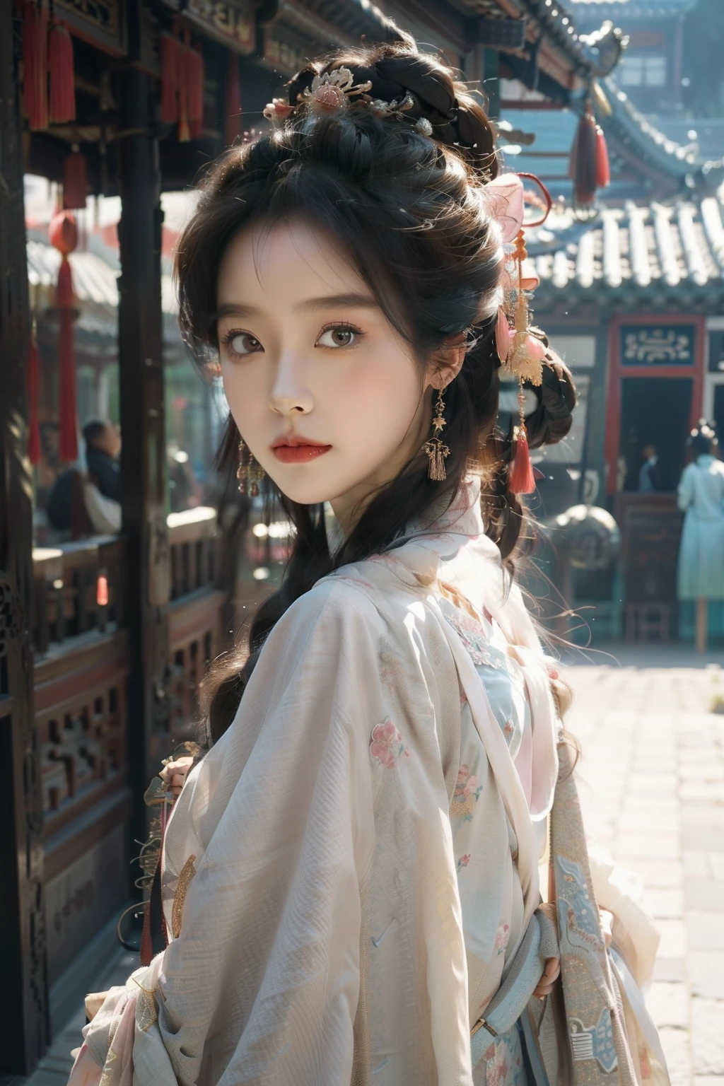 One of them is wearing a pink dress、Close-up of woman holding fan, Chinese, traditional Chinese, palace , Girl wearing Hanfu, Chinese Princess, Traditional Beauty, ancient Chinese Princess, Chinese Beauty, Chinese Girl, Chinese woman, Beautiful Chinese model, Beautiful rendering of the Tang Dynasty, Ruan Jia Meili!, ((Beautiful fantasy queen)), Wearing Chinese clothing