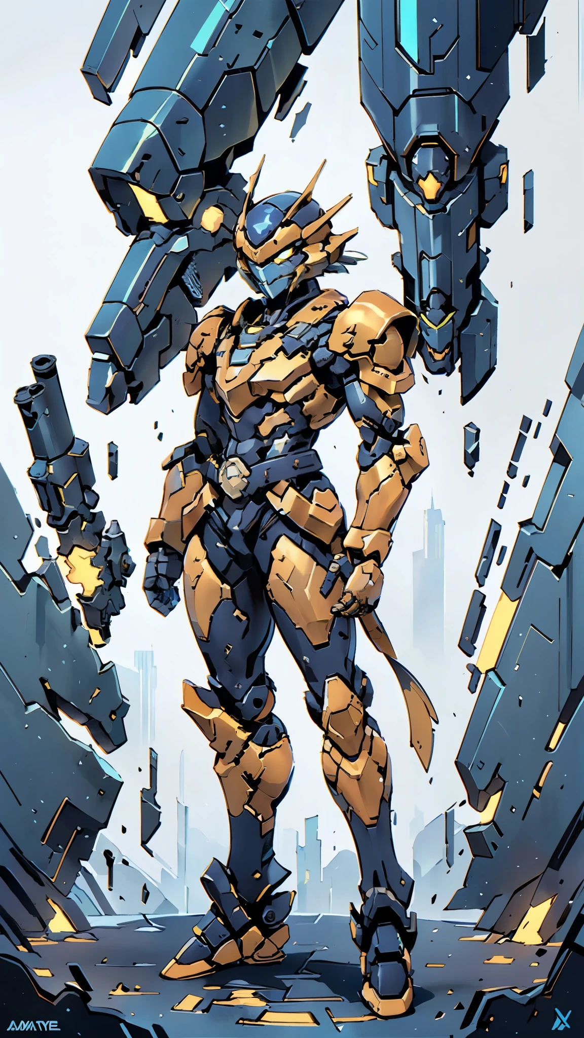 A man wearing a full-face helmet, a fantasy-style biotech armored combat suit, green eyes, (a composite layered chest armor), fully enclosed shoulder guards, matching arm and leg guards, the belt is adorned with cross, (the color scheme is primarily white with golden and blue accents), the design balances heavy with agility, a high-tech bio-mecha armor, (Armor Concept Inspired by Paladin, stand on the top of a skyscraper in a futuristic sci-fi city), this character embodies a finely crafted fantasy-surreal style armored hero in anime style, exquisite and mature manga art style, (battle damage, element, plasma, energy, the armor glows), ((male:1.5)), metallic, real texture material, dramatic, high definition, best quality, highres, ultra-detailed, ultra-fine painting, extremely delicate, professional, perfect body proportions, golden ratio, anatomically correct, symmetrical face, extremely detailed eyes and face, high quality eyes, creativity, RAW p