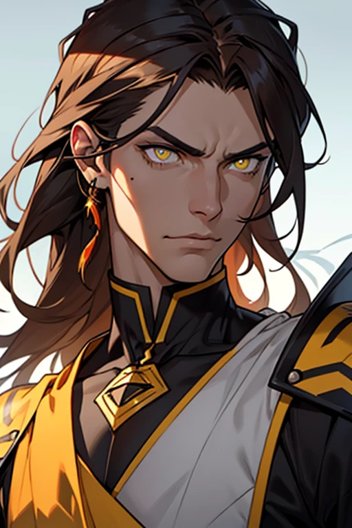  a tall man with fair skin and a stern expression. His eyes are amber in color with glowing yellow pupils, he wears red eyeliner on the lower lids of his eyes. He have long dark brown asymmetrical shoulder-length hair. He also has a small mole under the left corner of his mouth
