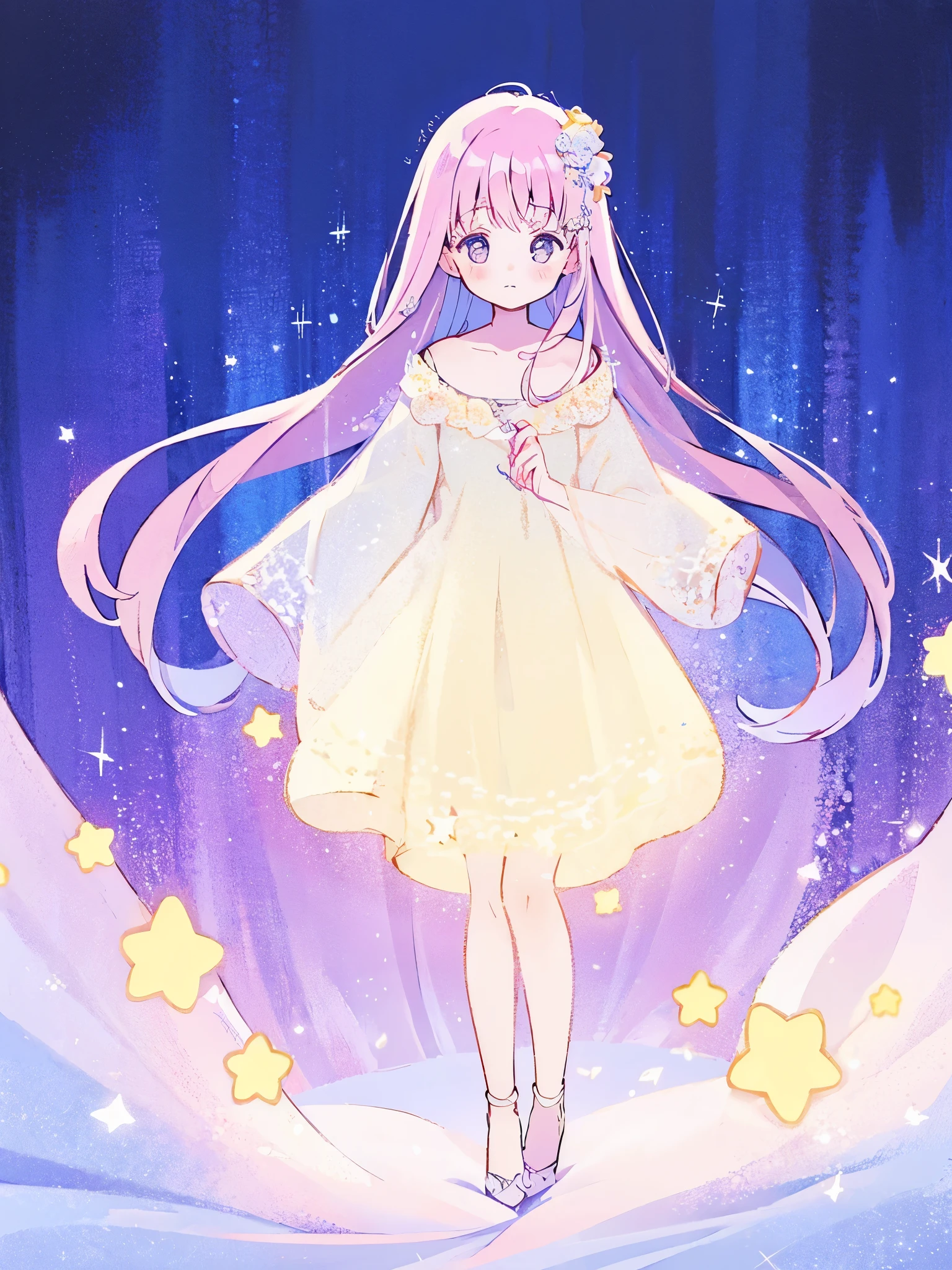 complex background, wishing star background, a woman wearing an ethereal mystical pink translucent dress that reflects the stars, perfume promo art, mystic, complex drawing, highly detailed, Covergirl brand, promo art, artistic rendition, ethereal, starry night, midjourney style