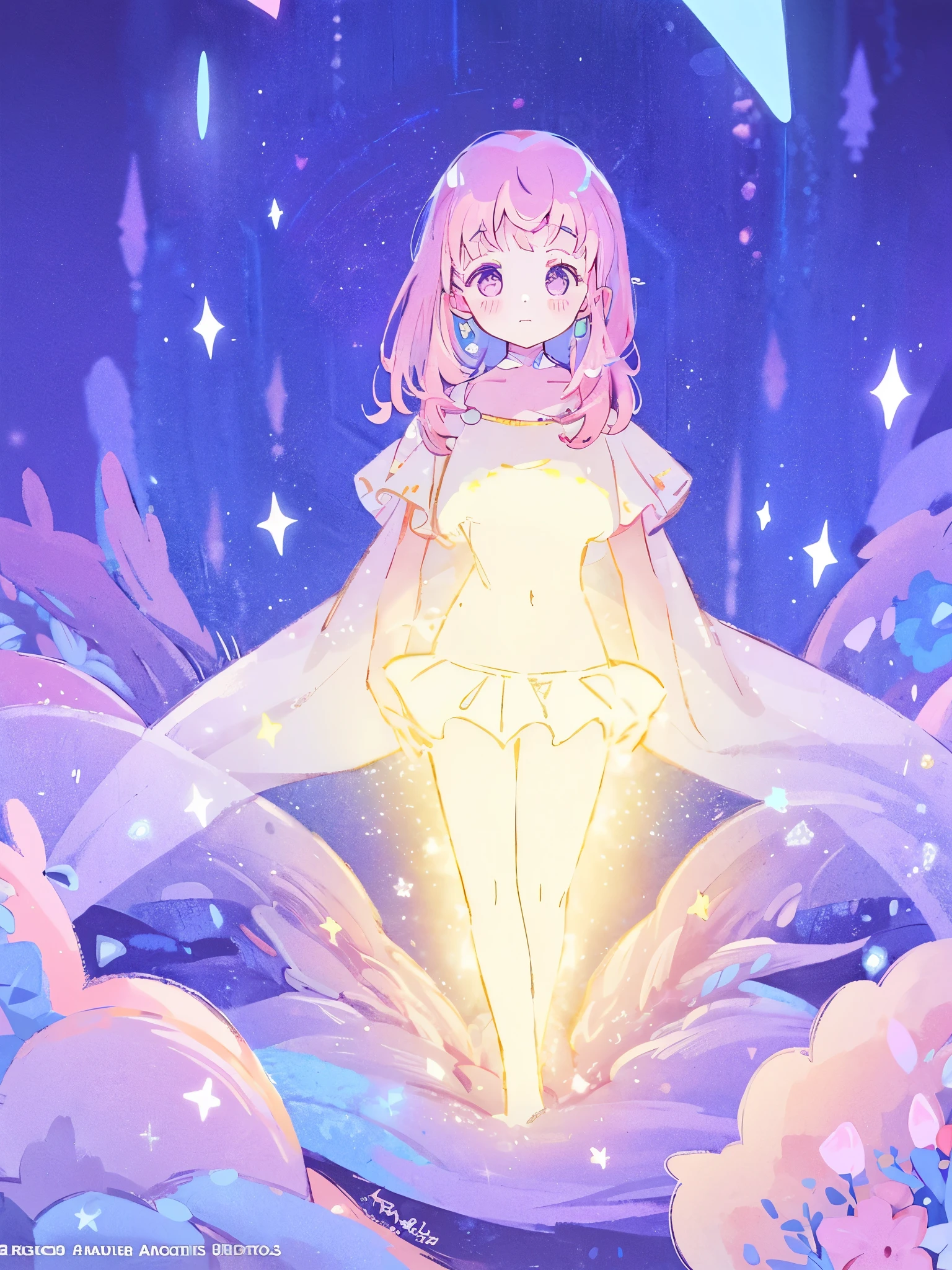 complex background, wishing star background, a woman wearing an ethereal mystical pink translucent dress that reflects the stars, perfume promo art, mystic, complex drawing, highly detailed, Covergirl brand, promo art, artistic rendition, ethereal, starry night, midjourney style