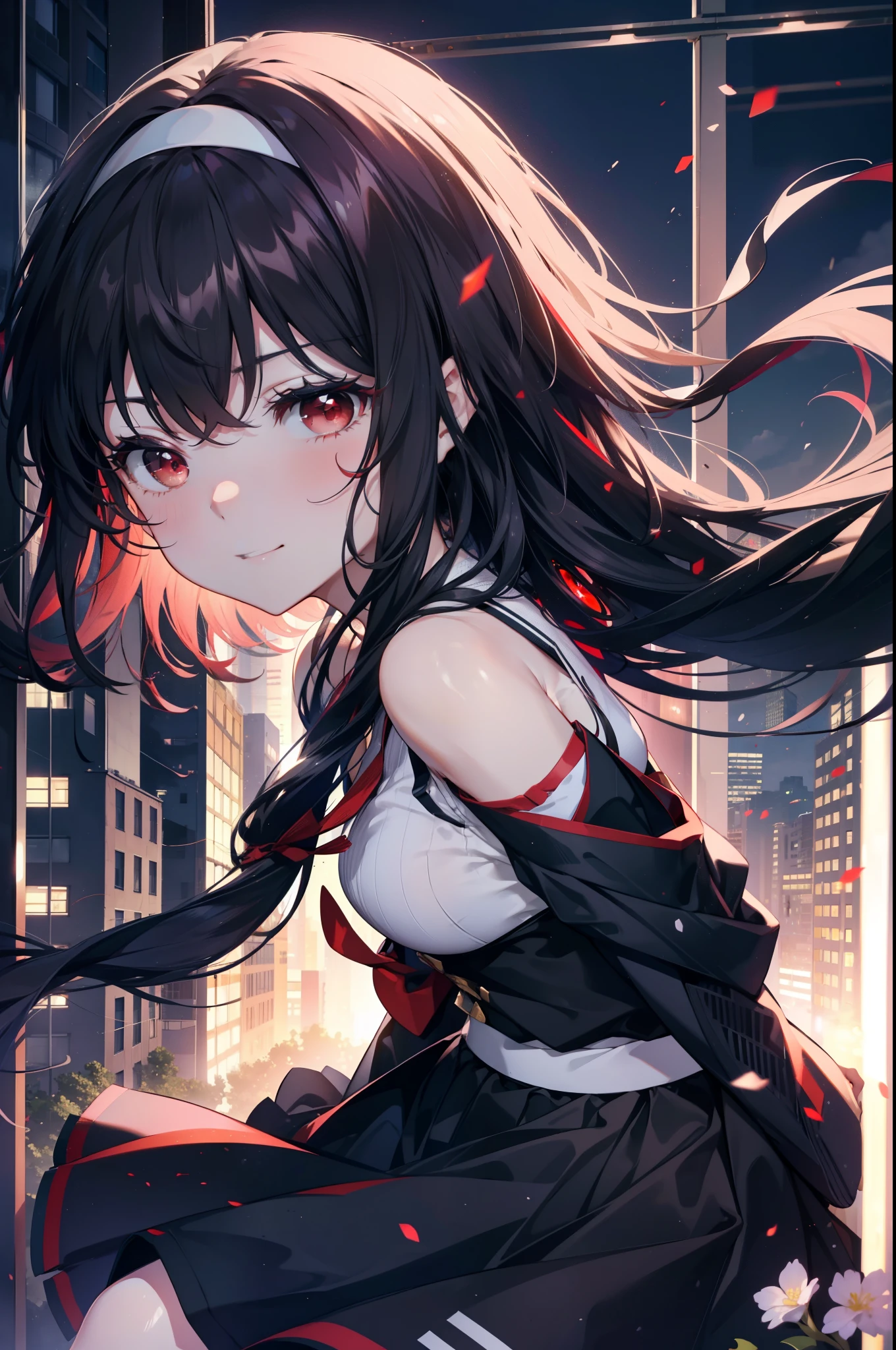 For profit, utaha kasumigaoka, Black Hair, hair band, Long Hair, (Red eyes:1.5),happy smile, smile, Open your mouth, Black sleeveless dress,Bare arms,Long skirt,Cute Sandals,whole bodyがイラストに入るように,Daytime,Clear skies,
break looking at viewer,whole body,
break outdoors, In town,Building district,bridge、
break (masterpiece:1.2), highest quality, High resolution, unity 8k wallpaper, (figure:0.8), (Beautiful fine details:1.6), Highly detailed face, Perfect lighting, Highly detailed CG, (Perfect hands, Perfect Anatomy),