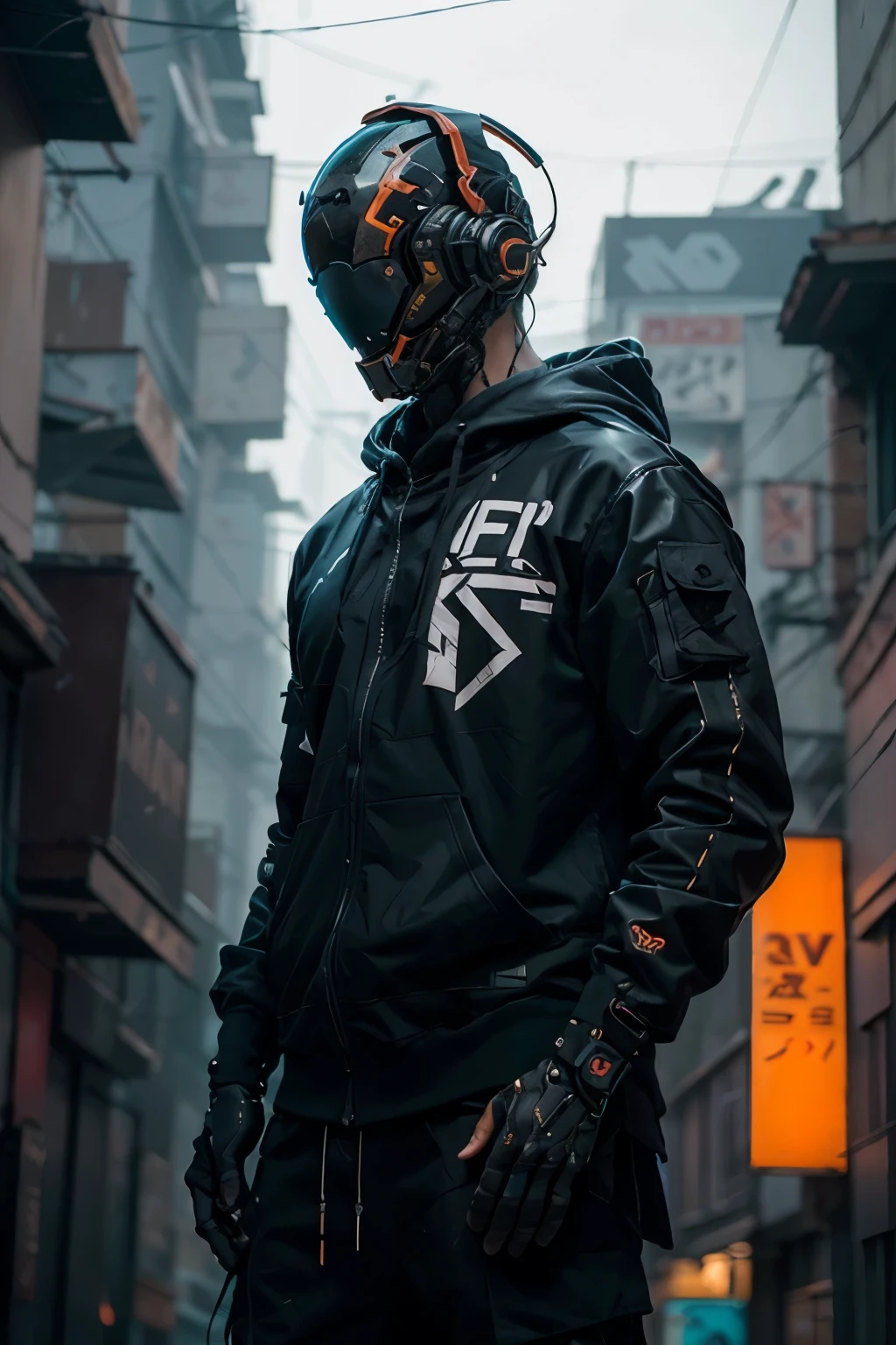 (obra maestra, plano de cuerpo completo, Intricate raw photography)Ciudadano cyberpunk, Oversized extra asymmetrical black hoodie, pantalones cargo negros, ropa negra, oscura, tactical gloves, el lleva puesto un cyberhelmet futurista color negro de alta tecnologia, brillante, algo parecido a daftpunk,  muy intrincado, Small LED details, Advanced technology closed helmet, ambiente oscuro, dramatico, luz y sombra, ((Kinematic, Black neon,))  action film, nitidez, neon-noir ciudad moderna, street neon lights, calle oscura, noche, foto de Insta, Photo of the Year, Epic resolution, Epic Quality, Epic sharpness, Intrincada epopeya,urban techwear,Reelmech