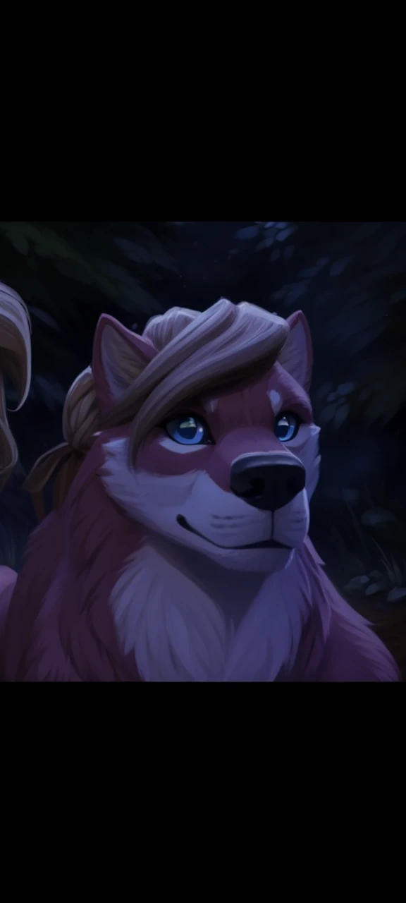 a wolf in forest searching the grass and dirt, highly detailed, 8K, solo, female, full body, stalking pose, nose near the ground, two-tone fur, blue eyes