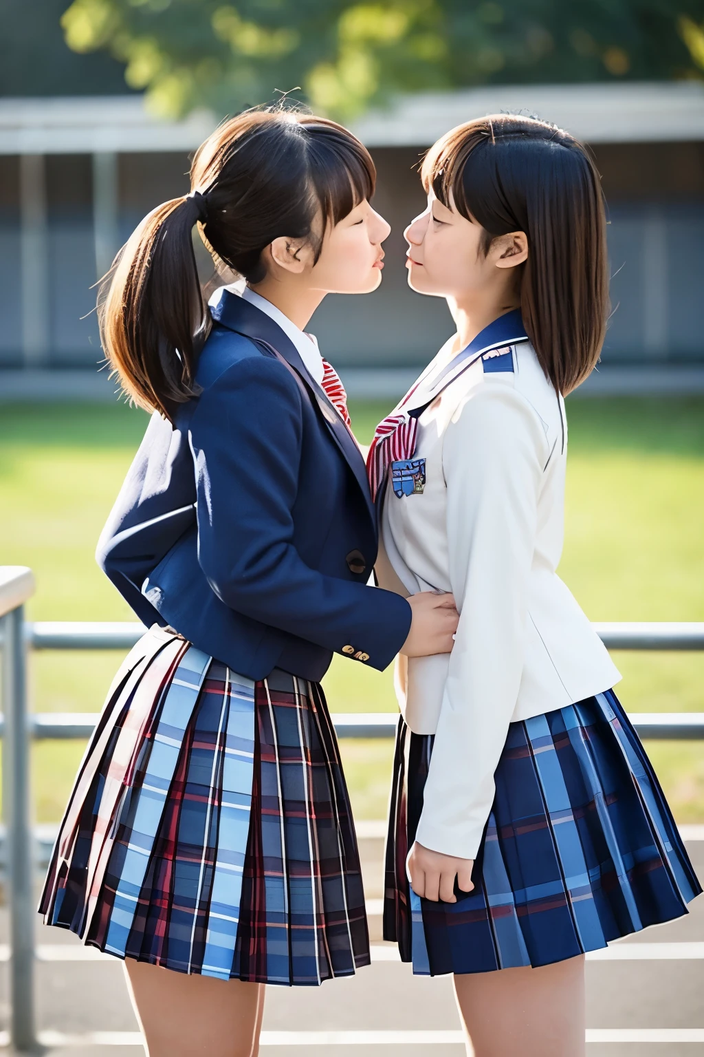Two Japanese high school girls in revealing uniforms kissing