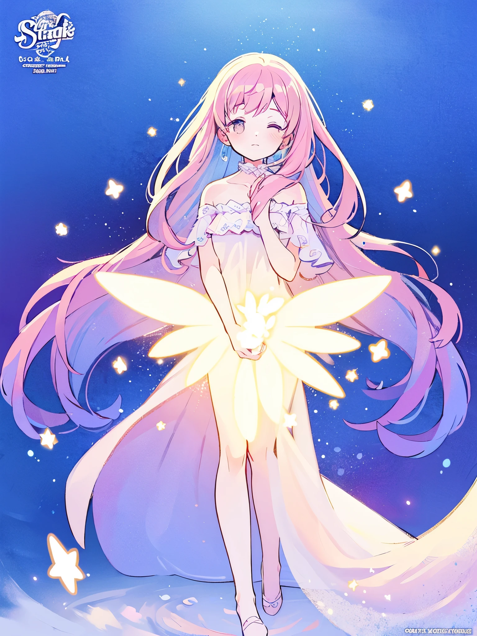 complex background, wishing star background, a woman wearing an ethereal mystical pink translucent dress that reflects the stars, perfume promo art, mystic, complex drawing, highly detailed, Covergirl brand, promo art, artistic rendition, ethereal, starry night, midjourney style