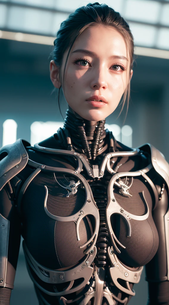 Perfect female face, female robot, Ceramic silhouette, robot, parts, cable, Microchips, Lace, Bare spine, exposed bones, Exoskeleton, Parts damaged, Bare internal organs, Broken body, whole body, beautiful asian female face, cleanface, whole face, delicate face, Thick hair, beautiful, walk, Studio soft lighting, Rim Light, Vivid details, Very subtle, elegant, Cyberpunk, Hyper-realistic anatomy, beautiful background, 3d rendering, Octane Rendering, HR Giger style, 8K, best quality, illustration, Very detailed, CG, wallpaper, Honesty, amazing, Fine details, masterpiece, best quality, Official Art, absurd, 150 mm