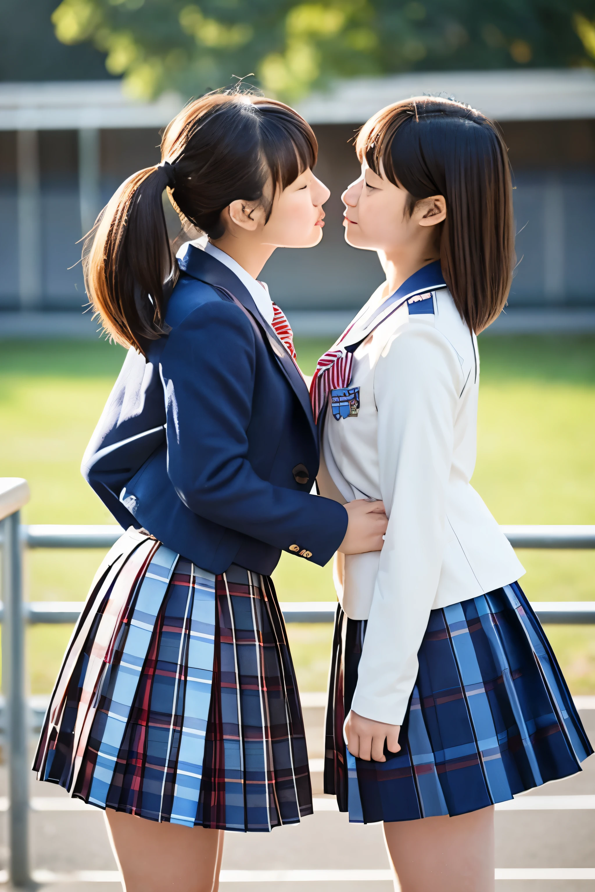 Two beautiful Japanese  high school girls kissing。One of them was wearing a navy blue blazer and a checkered pleated skirt.、Hair in a short ponytail。The other is wearing a brown long-sleeved sailor uniform and a brown pleated skirt.。Hair bob-cut。