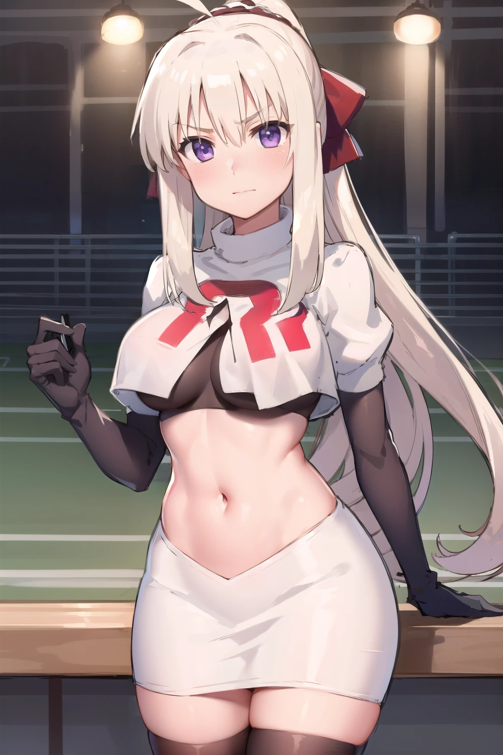 indoor, arena,
rinne_bj, 1girl, long hair, looking at viewer, breasts, purple eyes, ahoge, v-shaped eyebrows, medium breasts, ribbon, hair ribbon, very long hair, ponytail, bangs, hair between eye, team rocket,team rocket uniform,white skirt,red letter R,crop top,black thigh-highs,black elbow gloves