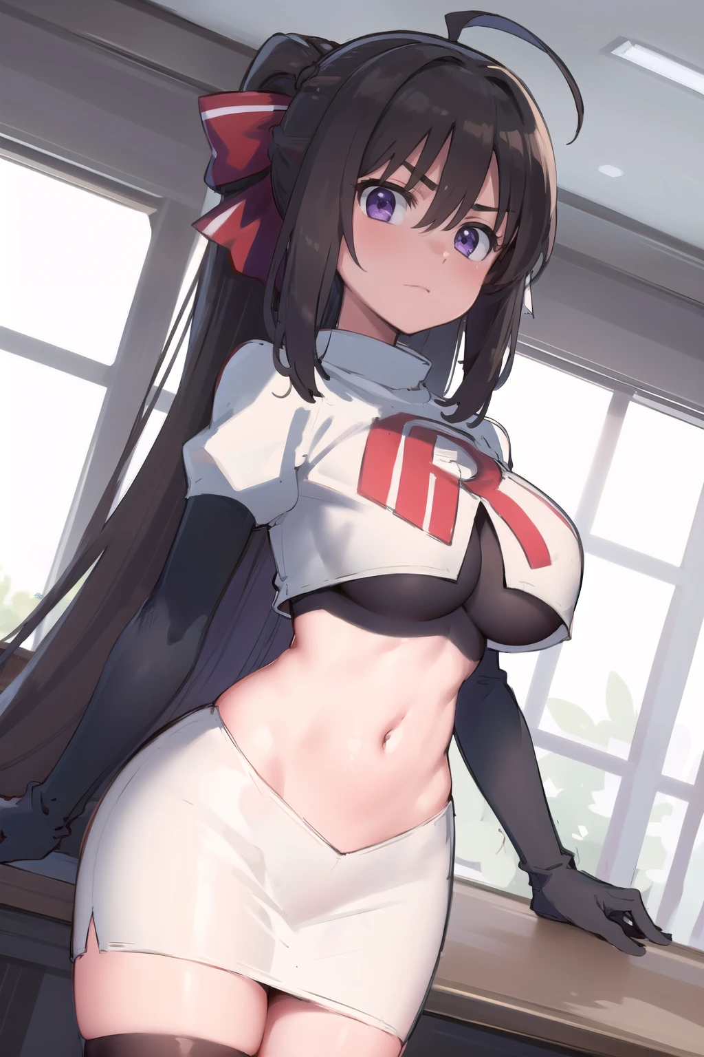 indoor, arena,
rinne_bj, 1girl, long hair, looking at viewer, breasts, purple eyes, ahoge, v-shaped eyebrows, medium breasts, ribbon, hair ribbon, very long hair, ponytail, bangs, hair between eye, team rocket,team rocket uniform,white skirt,red letter R,crop top,black thigh-highs,black elbow gloves