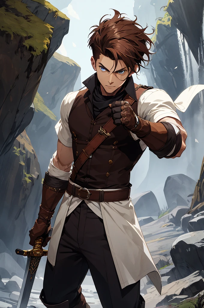 1guy, brown hair, short hair, fringe, shaved sides, blue eyes, (brown gloves + loose white shirt) tucked sleeves, dark red pants, high black boots, sword, Eastern European nobility, drawing his weapon, high quality , detailed hands, stone dungeon background, solo, full body shot, wind powers
