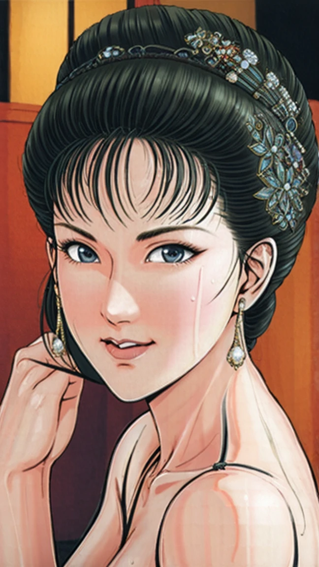 (best quality), (very aesthetic), (ultra-detailed), (best illustration),(a mature female),(NSFW),(perfect face),Suikoden,Mrs. Lin,((full_body)),((full_nude)),red cheek,sweating,skinny,chinese traditional bed room,lying on the bed,resting the back of the head on the pillow