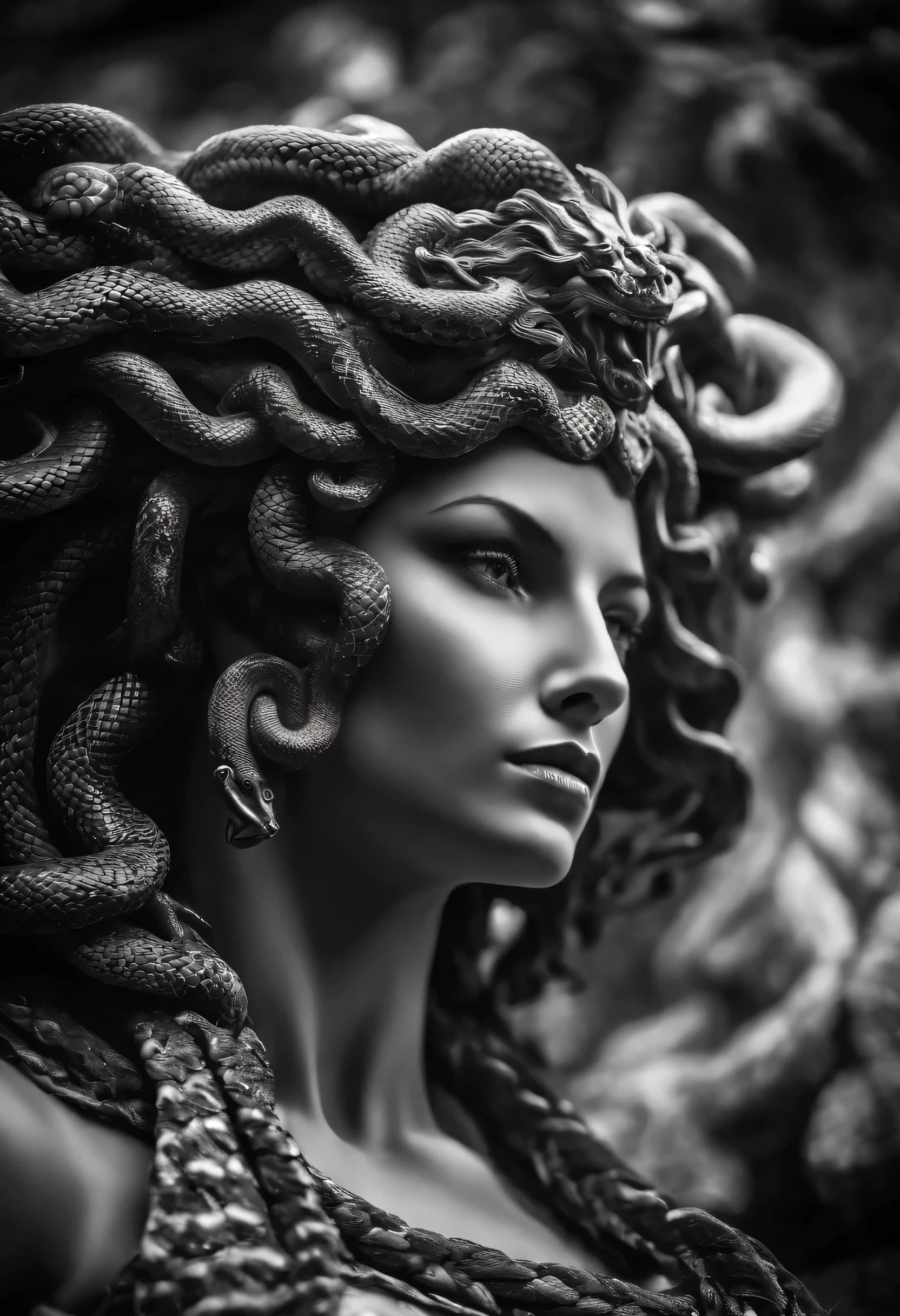 ((((Extreme close-up of Clash of the Titans, a beautiful woman under the mantle of the mythological goddess Medusa, snakes as hair. ((Mythological goddess Medusa)))),((Imagenes A Blanco Y Negro)),((Color Splash))