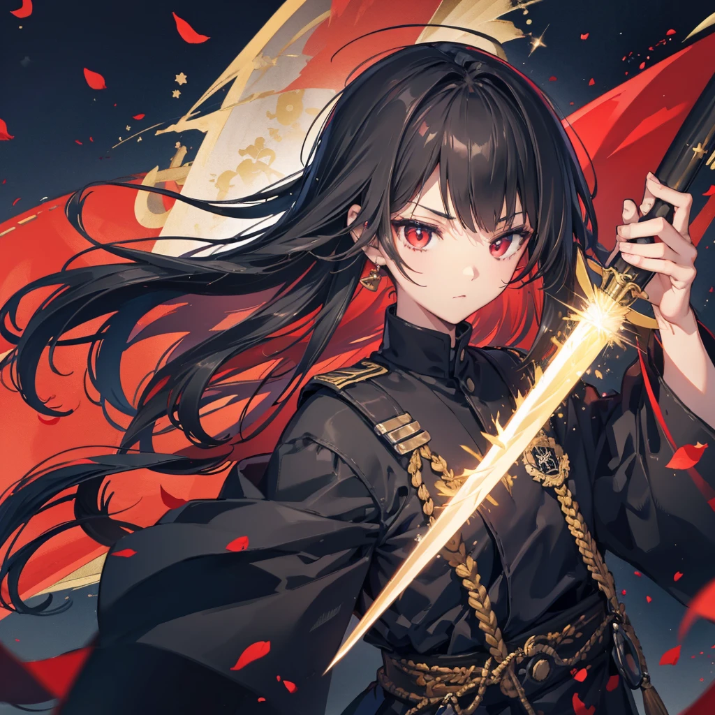 ((blackい髪　Long Hair　black　Military commander　one person　Lonely　Red Flag　Eye patch))　((night　Japanese style　old　Shining Aura))　(Dance　Flame Blade　Shining Japan sword　Draw your sword)　moon　star　Draw your sword　Slashing　Catch the wind　print　Tense face