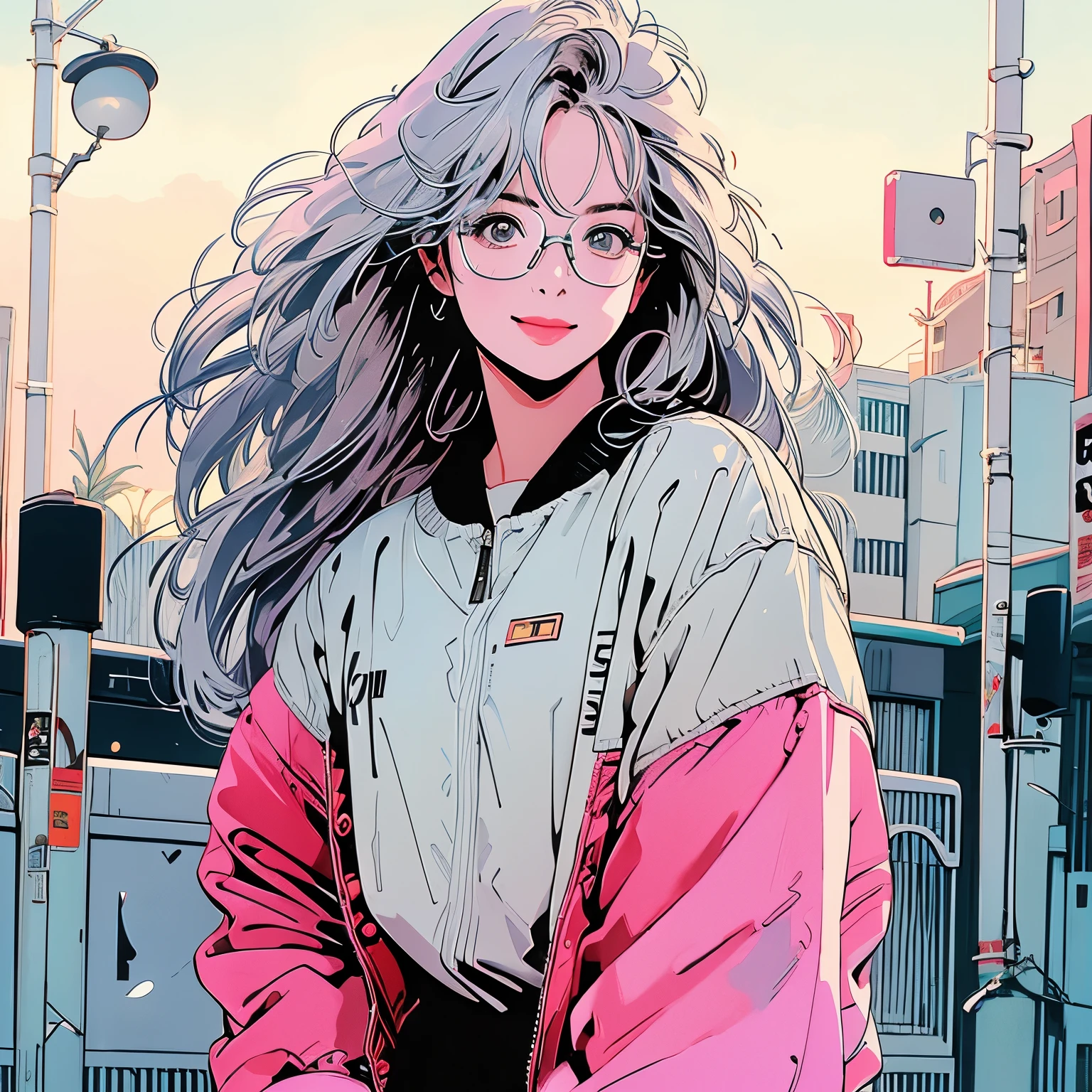 whole body, Upper Body、One beautiful woman, 4k, Shoulders stick out、pedestrian crossing、Signal 、intersection、Complex background、Silver Hair、One Length、Detailed Hair、smile、Glasses