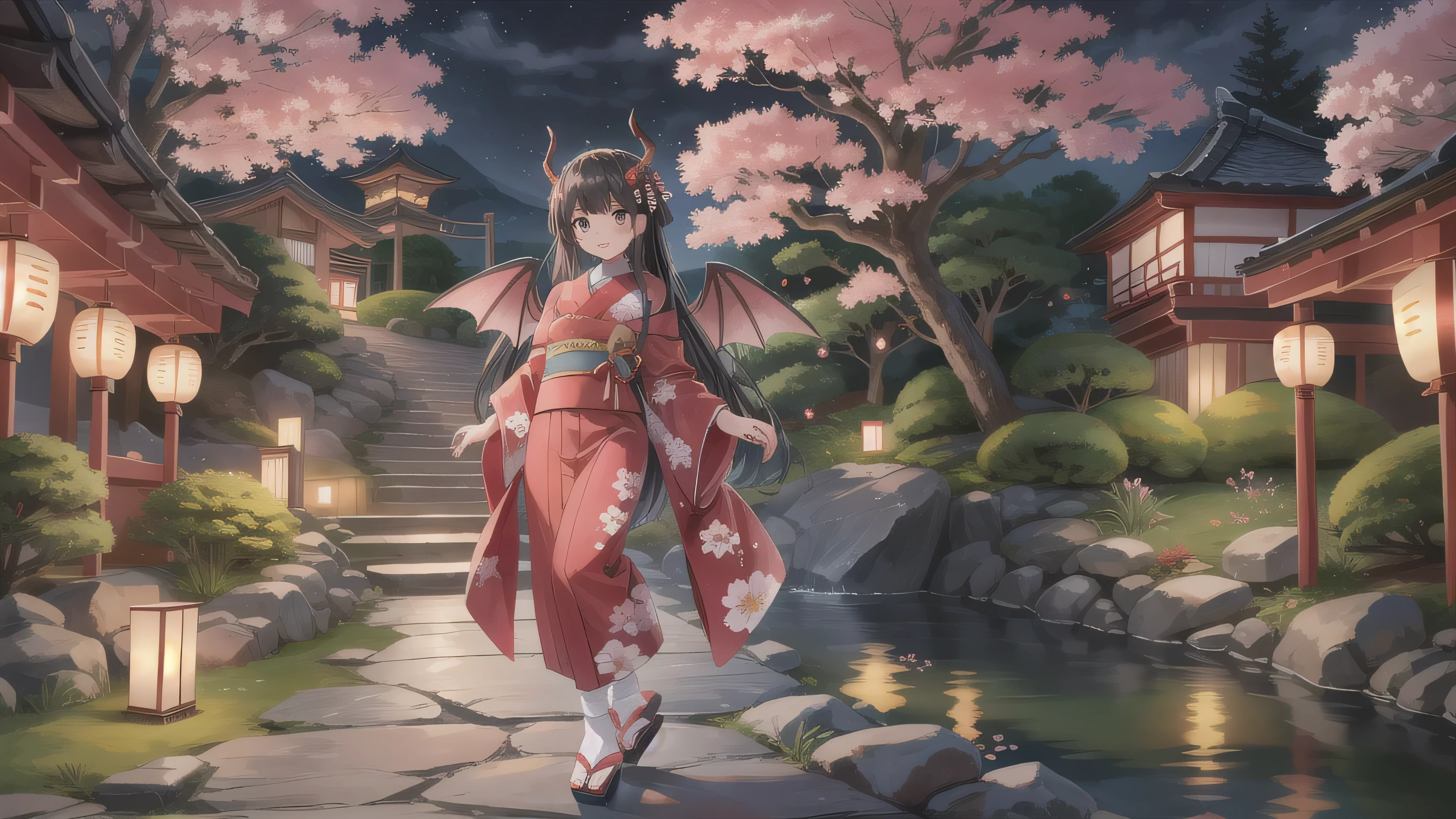 "A seductive succubus with long black hair, brown eyes, and fair skin. She has a slender and graceful figure, purple horns, and red bat wings. She is wearing a traditional kimono in red and black with floral patterns, a wide obi with intricate knots, and wooden sandals with traditional Japanese decorations. The background is a Japanese garden at night with cherry blossom trees and lanterns, or a traditional Japanese festival scene with stalls and lantern decorations.",