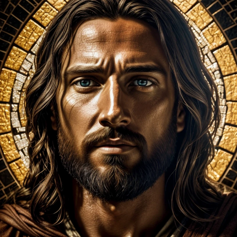 (highres,realistic:1.2),detailed face of Jesus,photorealistic mosaic artwork, Bible-inspired scene, dark and mysterious lighting