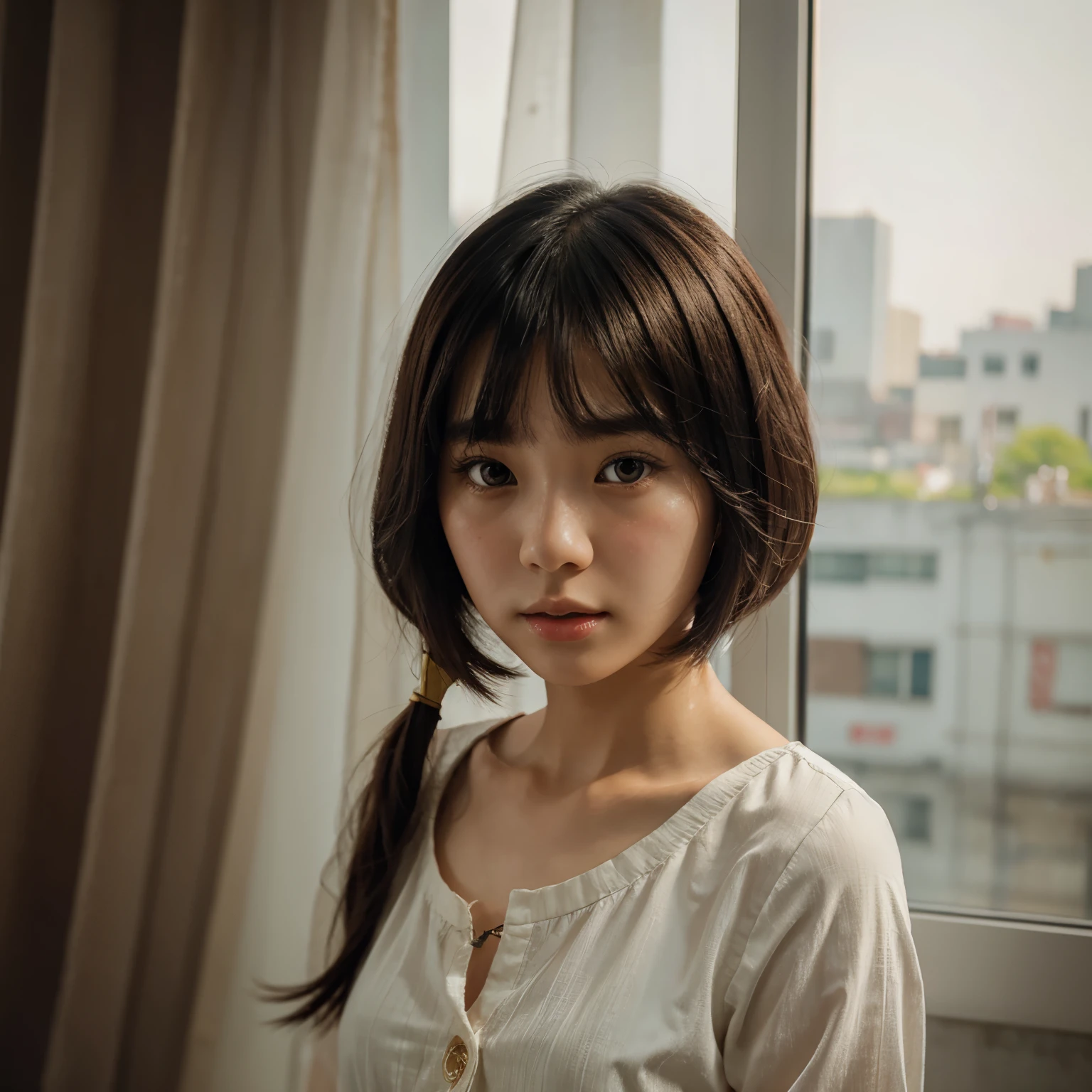 Beautifully drawn, high quality, ultra-detailed CG illustration of a young korean girl with a jellyfish haircut with jaw length curtain bangs