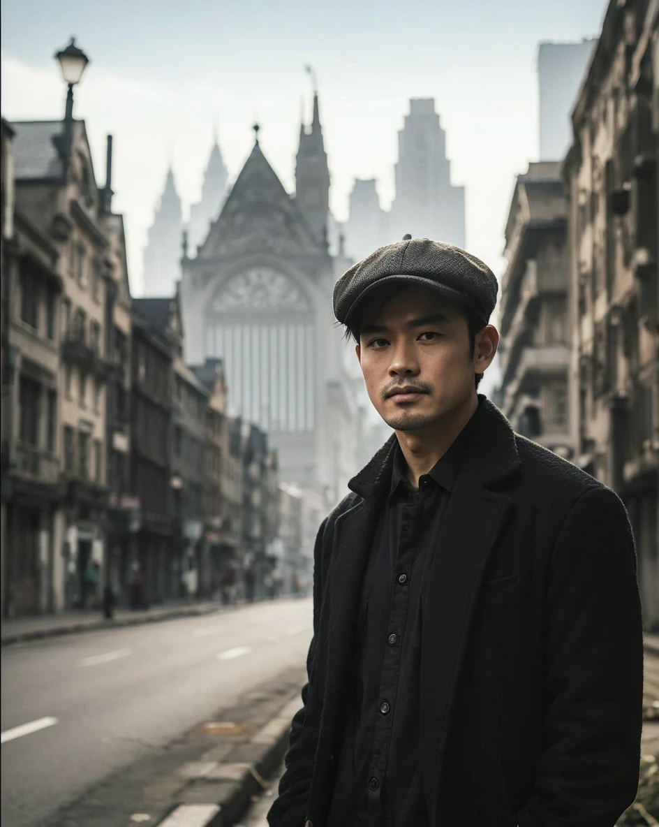 full body, wide picture, cinematic portrait asian man with flat cap hat, wearing a black jacket and boots, standing on the side of a quiet city street, a gothic city behind him, in the afternoon in a dead city, an uninhabited city, frog angle shoot, looking sideways at the camera.