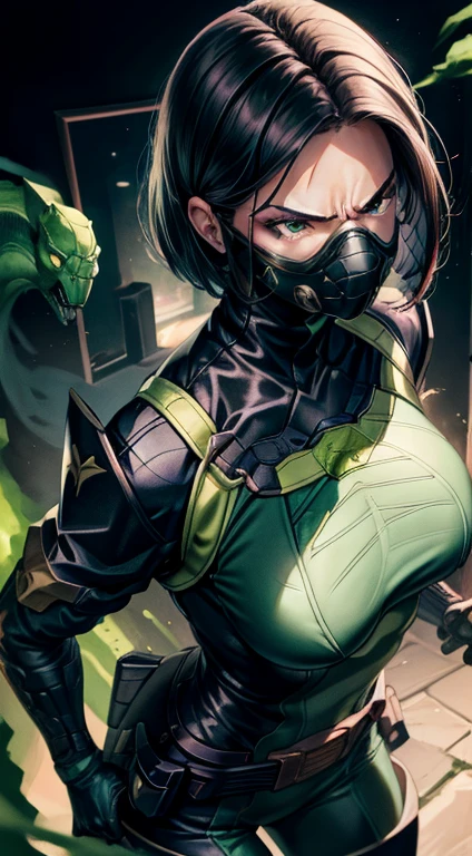 Masterpiece, Best quality, 《Fearless viper》, tightsuit, mitts, belt, thigh boots, respirator, view the viewer, face, Portrait, Close-up, Glowing eyes, green smoke, Black background,huge tit，Raised chest，Close-up of chest，chest focus，Woman in a swimsuit，angry look，Extremely erotic figure，Staring angrily at the screen，Facing the screen