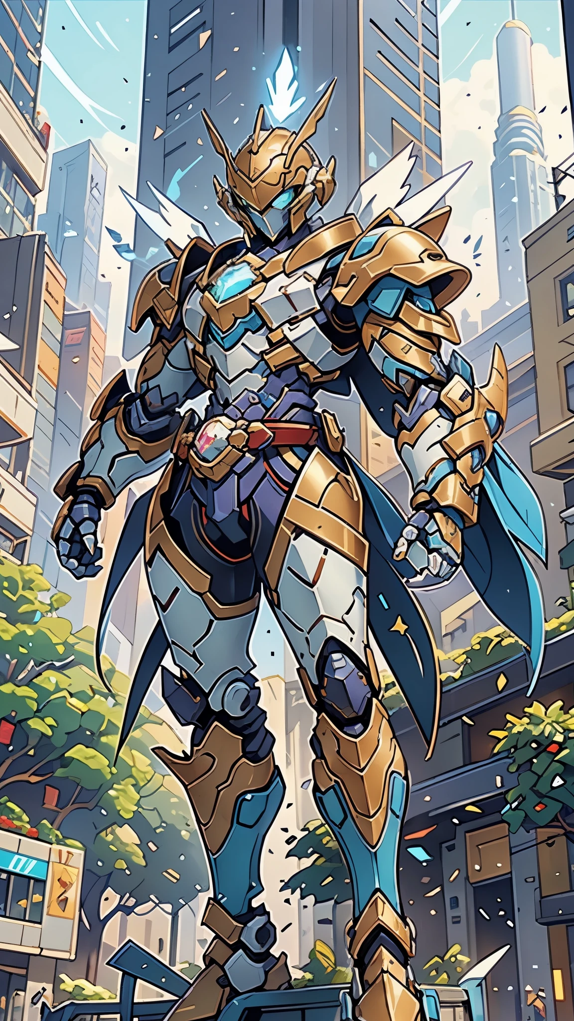 A man wearing a full-face helmet, a fantasy-style biotech armored combat suit, green eyes, (a composite layered chest armor), fully enclosed shoulder guards, matching arm and leg guards, the belt is adorned with cross, (the color scheme is primarily white with golden and blue accents), the design balances heavy with agility, a high-tech bio-mecha armor, (Armor Concept Inspired by Paladin, stand on the top of a skyscraper in a futuristic sci-fi city), this character embodies a finely crafted fantasy-surreal style armored hero in anime style, exquisite and mature manga art style, (battle damage, element, plasma, energy, the armor glows), ((male:1.5)), metallic, real texture material, dramatic, high definition, best quality, highres, ultra-detailed, ultra-fine painting, extremely delicate, professional, perfect body proportions, golden ratio, anatomically correct, symmetrical face, extremely detailed eyes and face, high quality eyes, creativity, RAW p