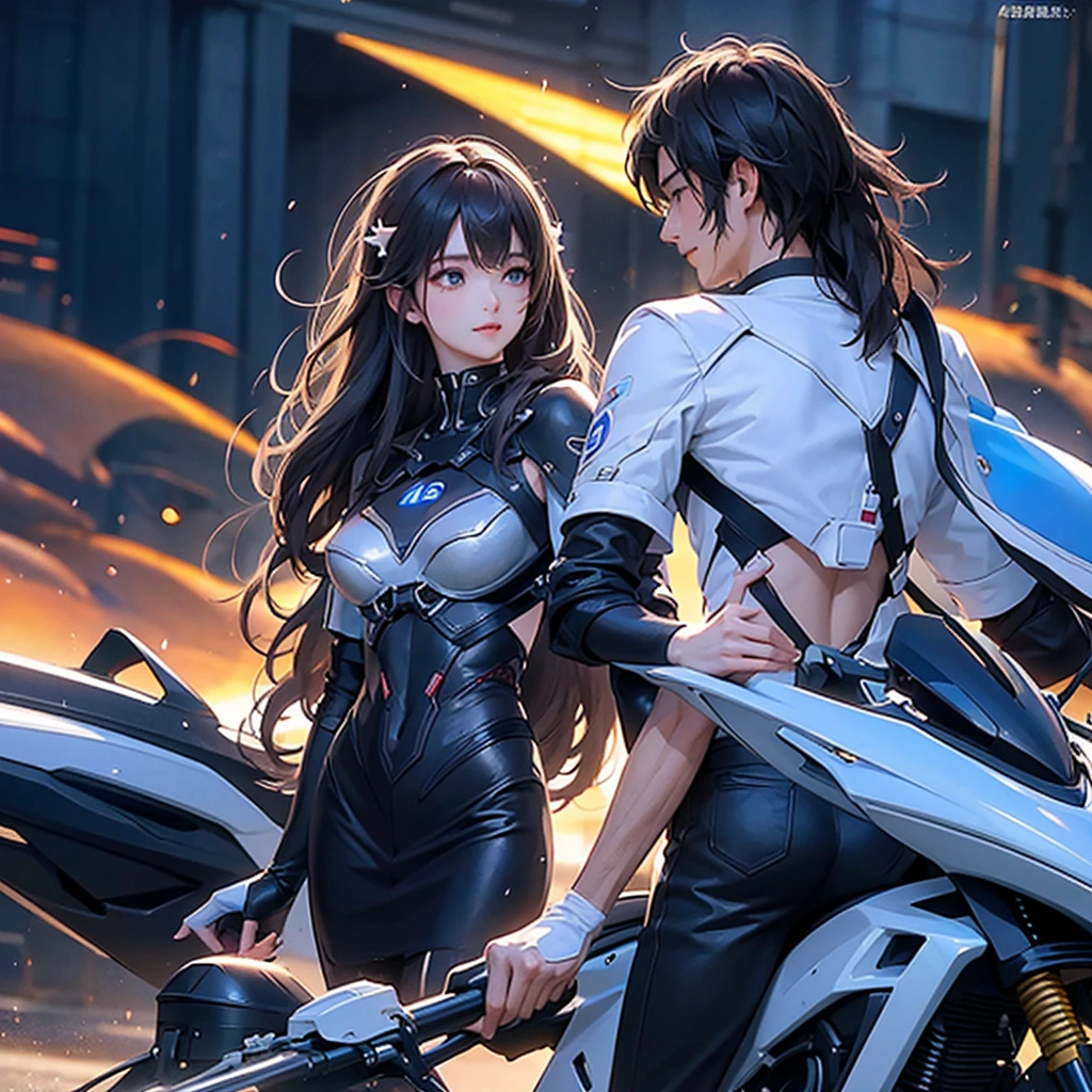 highest quality、Masterpiece、Official Art、16K、The best composition、The best light source、Super detailed、super beautiful、Super detailedな目、A couple of men and women riding a futuristic motorcycle are looking at each other happily