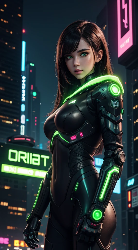 girl, Robot, Green Eyes, Cyberpunk city background, Neon, Dark brown hair, Greeting Posture, masterpiece, Ultra-high detail