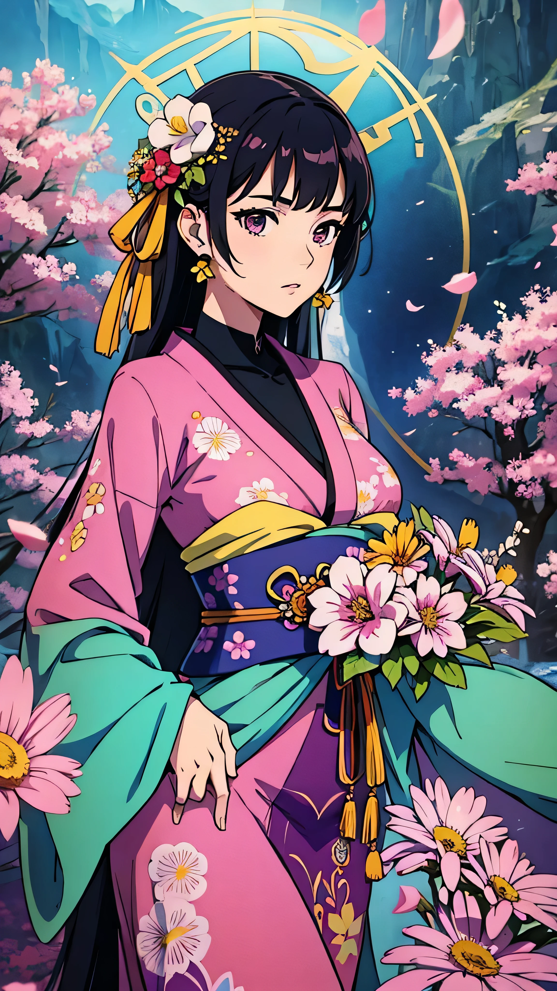 Enchanting anime girls decorate the scene、Her long hair was tangled with bright flowers、A magnificent view reminiscent of a flowering garden unfolds before your eyes.。Dressed in elegant and sophisticated kimono、The delicate features are emphasized、Every curve and line is meticulously crafted with highly detailed, anime-style, 4K digital art.。ArtStation Pixiv&#39;s art by Gu Weizi has a fascinating charm that can only be expressed by the artist.、It&#39;s an exquisite masterpiece。The artwork is、A unique mix of realistic and abstract elements、Create breathtakingly beautiful anime portraits。