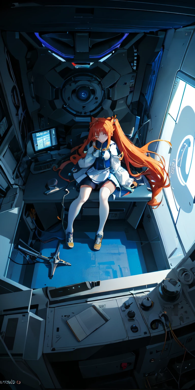 (aerial view),dynamic angle,ultra detallado, ILLUSTRATION, de cerca, directo, 1 chica, 
 ((souryuu asuka langley, auriculares de interfaz, mono rojo:1.4, rubio)),Her eyes shone like dreamer stars,(ojos brillantes:1.233),(ojos hermosos y detallados:1.1),(inexpresivo,boca cerrada),(de pie), 
(mechanical room with tools and spacecraft window in a white SPACESHIP),
(noche:1.2),dreamer, [[dedos y manos delicados:0.55]::0.85],(detalle dedos),