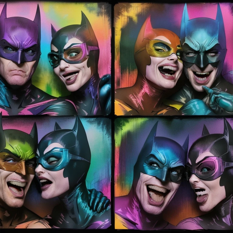thermal iridescence effect, roygbiv vibrant neon color hues, joelle jones blended with sean gordon murphy style reference, hand drawn expressive bold ink line illustration, couple portrait, photo booth photo strip, four photo panels, duo couple Batman and Catwoman making intentionally silly faces trying to make each other laugh, containing laughter, silly, hilarious, strange, hyper maximal, intense, absurd