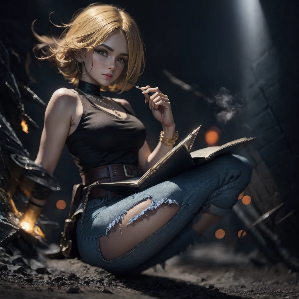 "(((masterpiece))), best quality, Ultra-fine CG unity 8k wallpaper, Depicted《Dragon Ball Z》中人造人 18 号在一座ruins城市中, permanent,  Light Blonde Hair, White top and black vest,  Blue Jeans, orange socks, Black shoes, Black gloves, necklace, bracelet,  Destruction and chaos, smokes, fire, ruins, dust, Strong shadows, Dramatic Lighting, moody atmosphere, A similar ending, giggle"