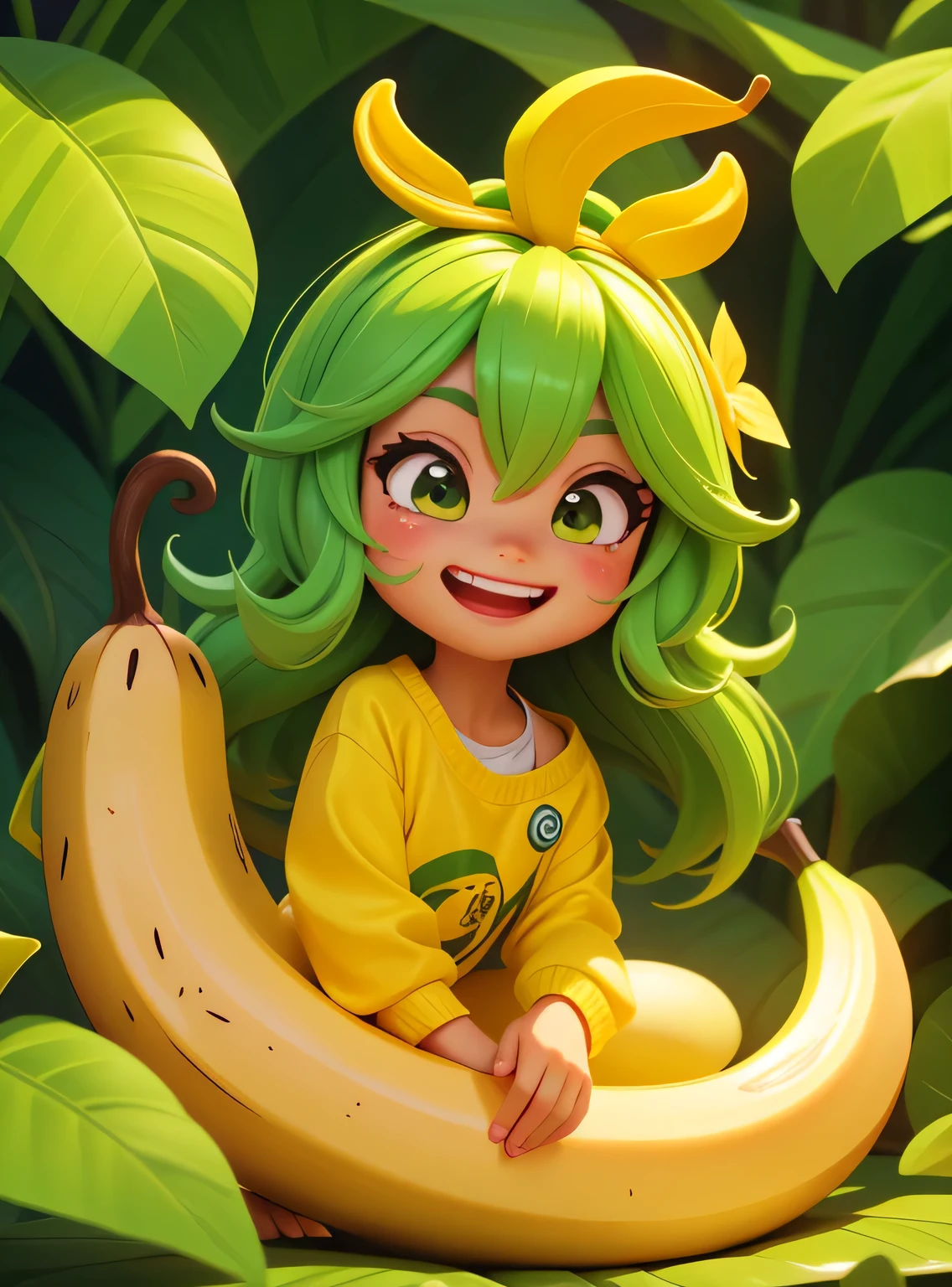 Uma banana. Hair looks like smiling banana peel with cute leaves and friendly expression sticker :: Frutado e gentil :: Yellow and green colors with cute expressions :: Adesivo 2D