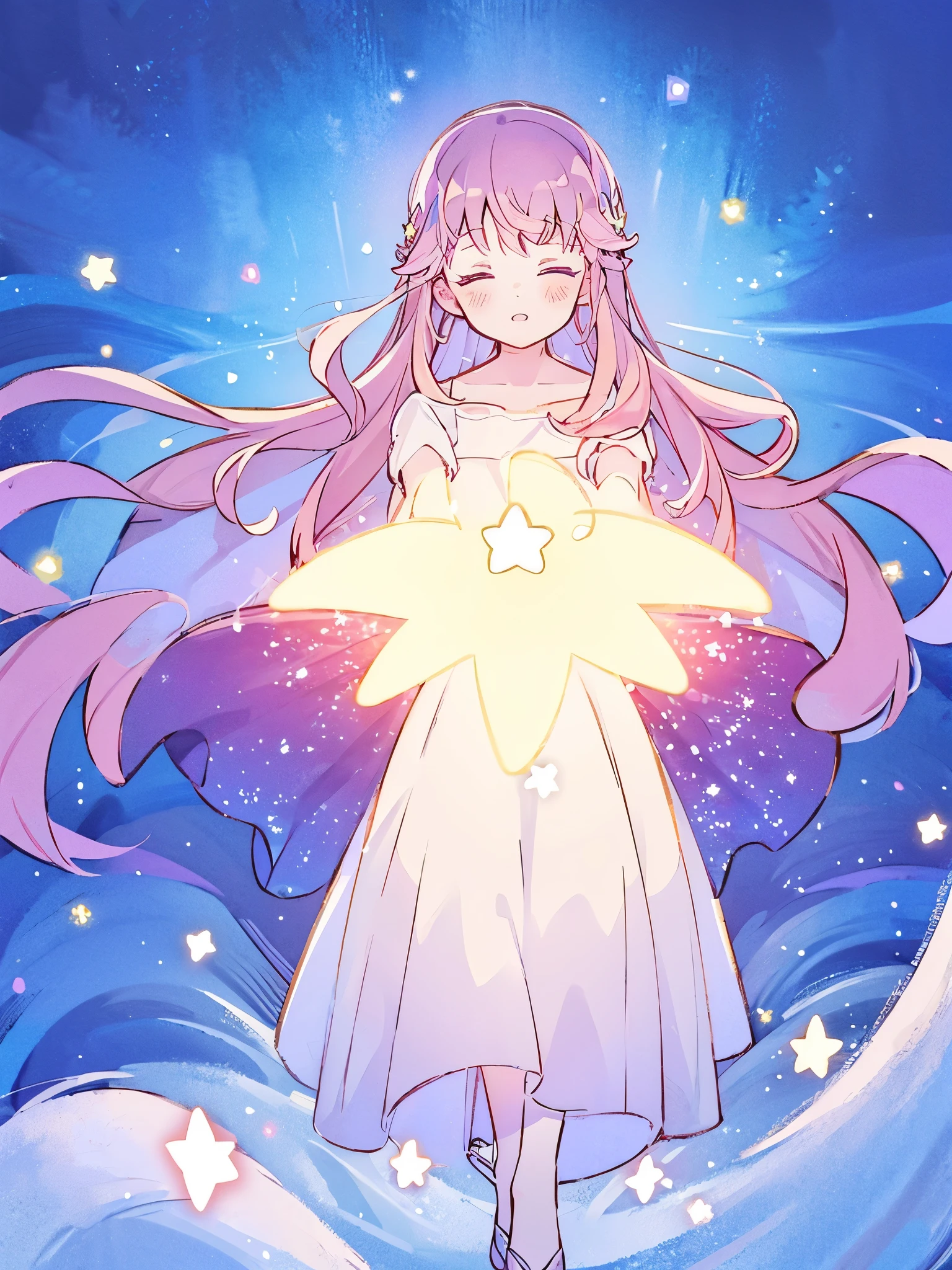 complex background, wishing star background, a woman wearing an ethereal mystical pink translucent dress that reflects the stars, perfume promo art, mystic, complex drawing, highly detailed, Covergirl brand, promo art, artistic rendition, ethereal, starry night, midjourney style