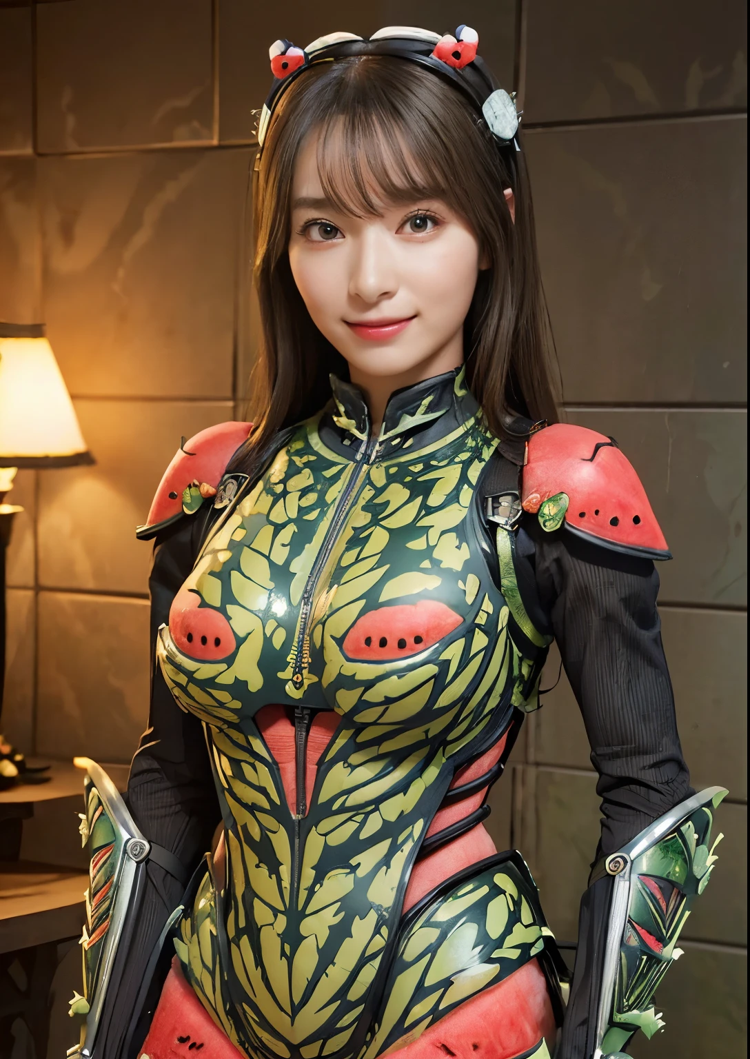 (high resolution,masterpiece,best quality,extremely detailed CG, anime, official art:1.4), realistic, photo, amazing fine details, all intricate, full body, gloss and shiny,awesome many layers, 8k wall paper, 3d, sketch, kawaii, illustration,( solo:1.4), perfect female proportion,villainess, (fusion of watermelon and lady:1.4), (two round shape watermelons breasts:1.2), (watermelon lady:1.2), (fusion:1.2), (solo:1.4), (evil smile:1.2), muscular, abs, (watermelon exoskeleton bio insect suit:1.4), (watermelon exoskeleton bio insect armor:1.2), (watermelon wing:1.4), (watermelon headgear:1.3),