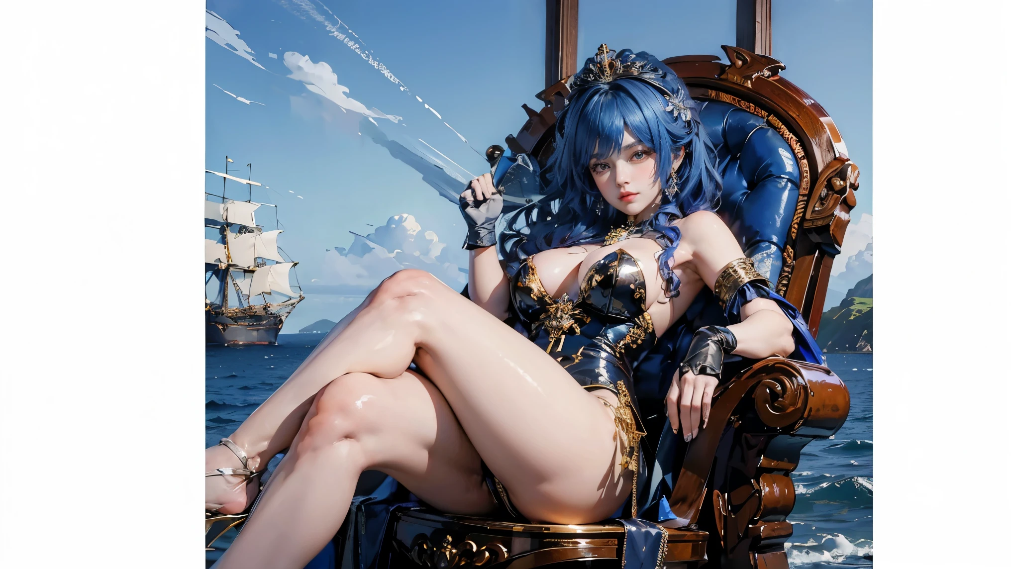 ((best quality)), Jewelry Package)),((1 Obese girl)),sea,ship,Cross your legs,到处都是Luxurious装饰,Luxurious,Dark blue hair,Sleeping on the throne,Metal high heels,((Gloves)),(Nikolai Fehin),( Fisher, ),The background is grassland