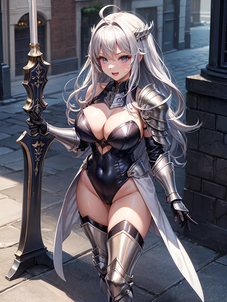 Woman knight、a beauty girl、huge tit、Excellent style、Nice Buddy、glamorous、leotard、s Armor、Shoulder rest armor、Bra chest armor、knee boots、gauntlets、hair adornments、silber hair、Longhaire、Ahoge、is standing、full body seen 、Medieval city、Walking、slightly open mouth、a smile、