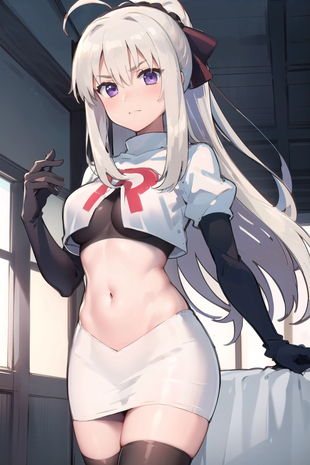 indoor, arena,
rinne_bj, 1girl, long hair, looking at viewer, breasts, purple eyes, ahoge, v-shaped eyebrows, medium breasts, ribbon, hair ribbon, very long hair, ponytail, bangs, hair between eye, team rocket,team rocket uniform,white skirt,red letter R,crop top,black thigh-highs,black elbow gloves