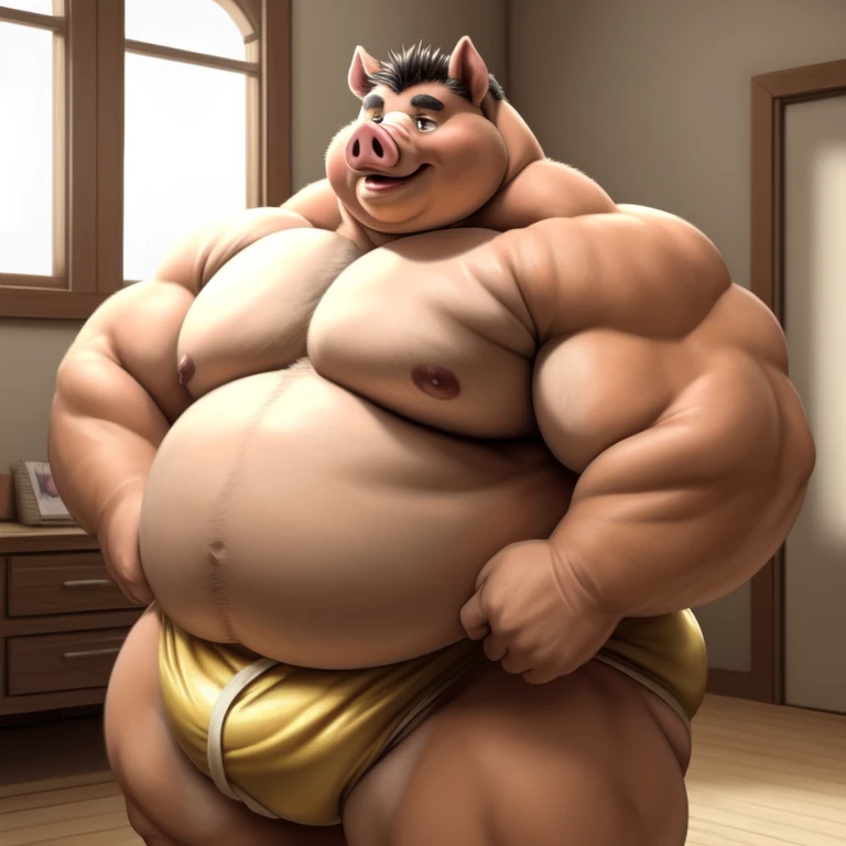 ((Masterpiece)),((Hight quality)),((Hught Detailed)),((Realistic,)) Anime Artistic masterpiece art, Concept anime art, Obese Nerd Pig, He is very Obese and very muscular beast, He wants to train and get bigger and stronger to become a huge sumo wrestler, He is in his room he can see his entire body and admiring how big he is.