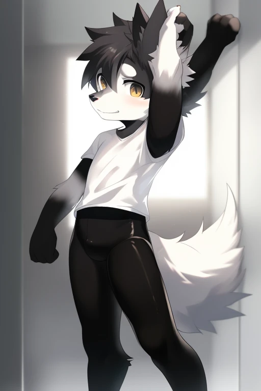 Furry wolf,((Shota)), black spandex tights, white shirt, solo, standing