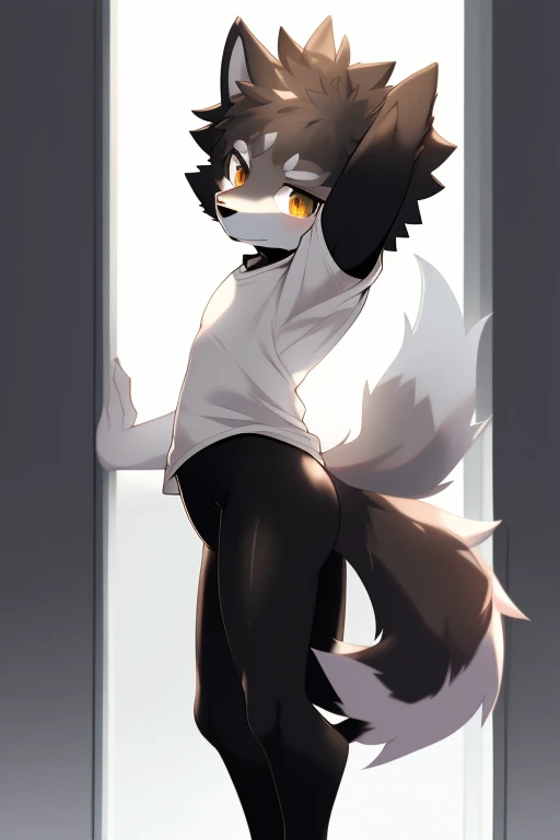 Furry wolf,((Shota)), black spandex tights, white shirt, solo, standing