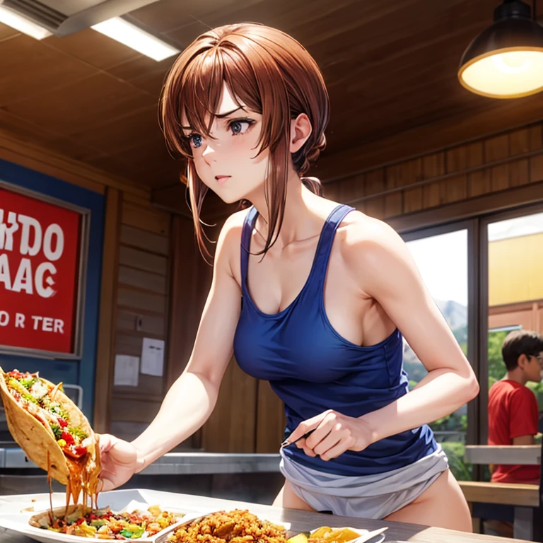 A bare-chested woman with brown hair and a tank top is eating a tlayuda at a taco stand Big Ass
