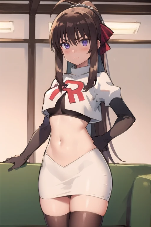 indoor, arena,
rinne_bj, 1girl, long hair, looking at viewer, breasts, purple eyes, ahoge, v-shaped eyebrows, medium breasts, ribbon, hair ribbon, very long hair, ponytail, bangs, hair between eye, team rocket,team rocket uniform,white skirt,red letter R,crop top,black thigh-highs,black elbow gloves