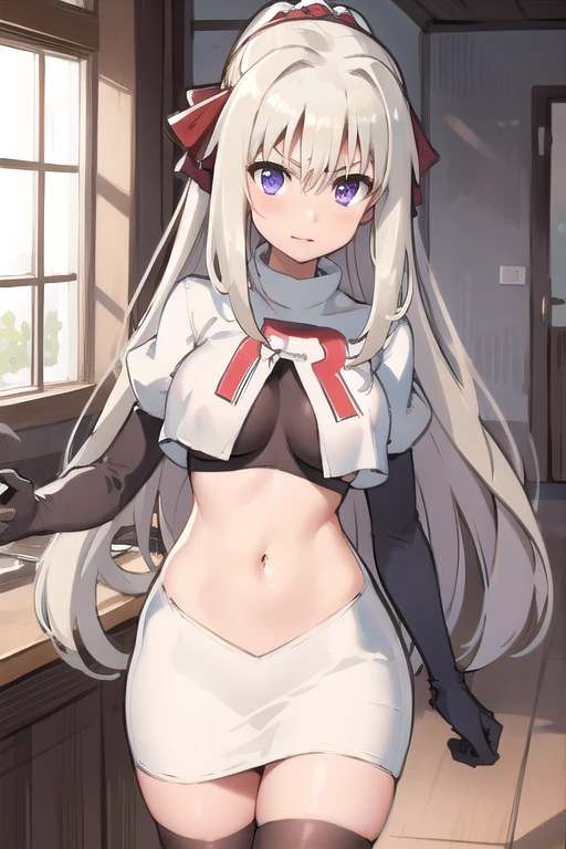 indoor, arena,
rinne_bj, 1girl, long hair, looking at viewer, breasts, purple eyes, ahoge, v-shaped eyebrows, medium breasts, ribbon, hair ribbon, very long hair, ponytail, bangs, hair between eye, team rocket,team rocket uniform,white skirt,red letter R,crop top,black thigh-highs,black elbow gloves