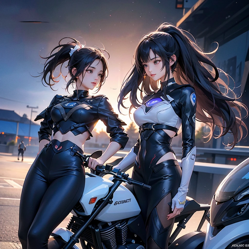 highest quality、Masterpiece、Official Art、16K、The best composition、The best light source、Super detailed、super beautiful、Super detailedな目、A couple of men and women riding a futuristic motorcycle are looking at each other happily