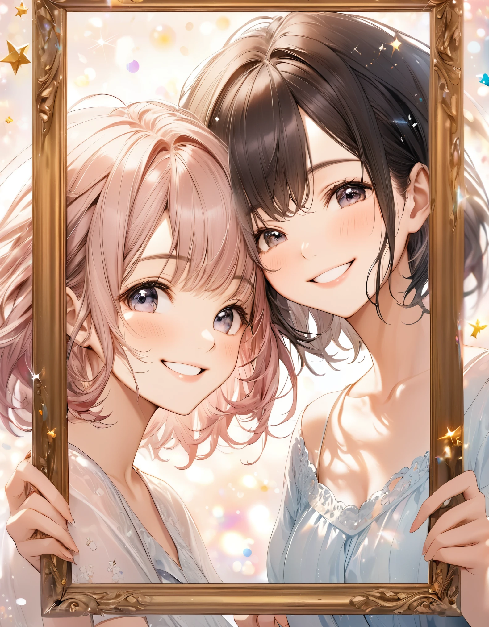 best quality, super fine, 16k, framed portraits, two women, smiling shyly, cute, beautiful, (medium messy wavy hair) and (short pixie cut), photos of happy smiles, sparkling and dreamy photo soft effects
